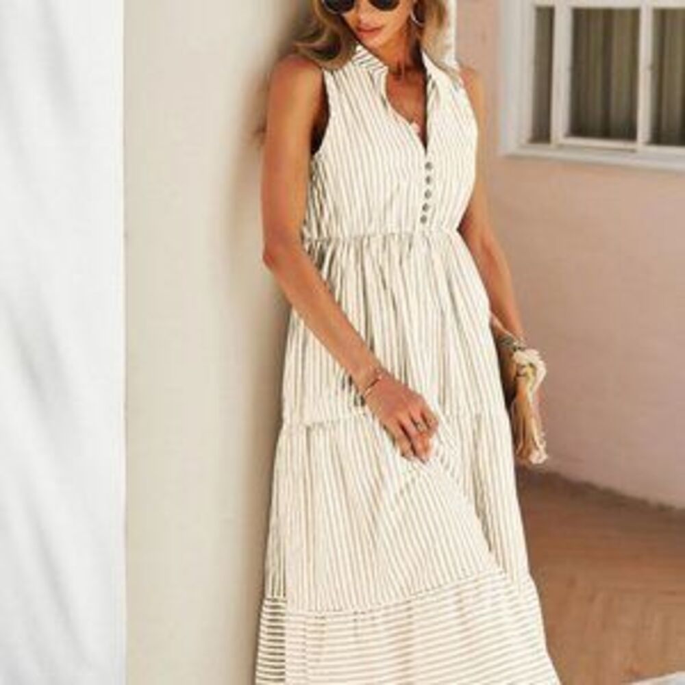 Multicolor Boho Womens Striped Print Notched Neck A-line Dress - Picture 3 of 5
